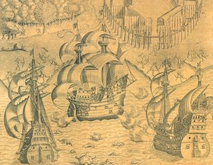 Choque entre barcos franceses y portugueses en el Océano Atlántico por la posesión de Brasil de Theodore de Bry