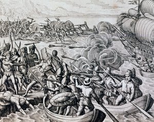 Choque entre indios nativos y tropas españolas, grabado de Historia Americae, por Theodor de Bry (1528-1598), Frankfurt de Theodore de Bry
