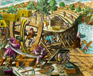 Construcción de un barco para el navegante español Vasco Núñez de Balboa (1475-1517). Grabado de Historia de las Américas por Theodore de Bry (1528-1598) siglo XVI. Colección privada de Theodore de Bry