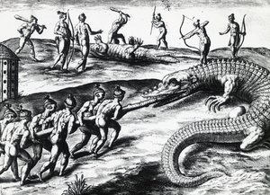 Caza de cocodrilos en Florida, de la pintura de Jacques le Moyne de Morgues, por Theodor de Bry. grabado de Theodore de Bry