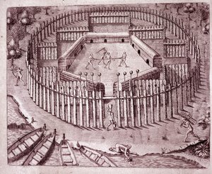 Sistema de defensa de las chozas indias con una doble fila de troncos de árboles plantados alrededor. Las cabezas cortadas de los enemigos se colocan en la parte superior (Grabado) de Theodore de Bry