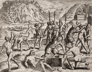 Descripción de crímenes infligidos a los indios por colonos españoles - Conquistadores masacrando una aldea india. Amputaciones de manos - Grabado por Theodore de Bry en “Narratio regionum indicarum per Hispanos quosdam devastatarum verissima” por Bartolom
