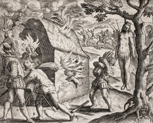 Descripción de crímenes infligidos a los indios por colonos españoles - Incendio de una aldea india por los conquistadores. Ahorcamiento - Grabado de Theodore de Bry en “Narratio regionum indicarum per Hispanos quosdam devastatarum verissima” de Bartolomé  de Theodore de Bry