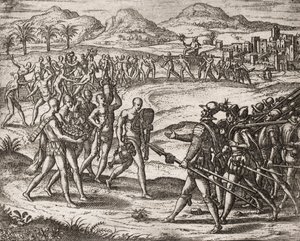 Descripción de crímenes infligidos a los indios por colonos españoles - Indios trayendo regalos y oro a los Conquistadores - Grabado por Theodore de Bry en “Narratio regionum indicarum per Hispanos quosdam devastatarum verissima” por Bartolomé de las Casas de Theodore de Bry