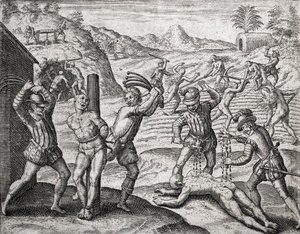 Descripción de los crímenes infligidos a los indios por los colonos españoles - Españoles torturando a los indios - Grabado de Theodore de Bry en 