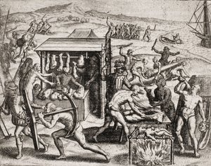 Descripción de crímenes infligidos a los indios por colonos españoles - Conquistadores españoles haciendo trabajar a los indios y maltratándolos - Indios antropófagos - Grabado de Theodore de Bry en “Narratio regionum indicarum per Hispanos quosdam devasta