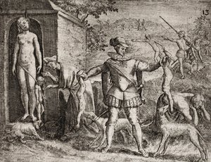 Descripción de crímenes infligidos a los indios por colonos españoles - Conquistadores españoles masacrando mujeres y niños indios. Colgamiento. Niños arrojados a los perros - Grabado por Theodore de Bry en “Narratio regionum indicarum per Hispanos quosdam de Theodore de Bry