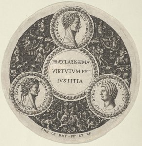 Diseño para un plato con retratos de los emperadores romanos César, Claudio y Otho de Theodore de Bry
