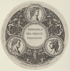 Diseño para un plato con retratos de los emperadores romanos Nerón, Galba y Calígula, ca. 1588 de Theodore de Bry
