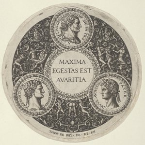 Diseño para un Plato con Retratos de los Emperadores Romanos Vitelio, Domiciano y Augusto, ca. 1588 de Theodore de Bry