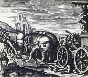 Devotos siendo aplastados por un carro durante la procesión de un ídolo, por Theodor de Bry (1528-1598), grabado de Theodore de Bry