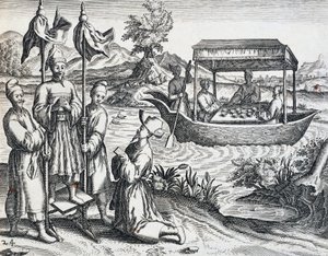 Calle de dignatarios, del viaje realizado por Jan Huyghen van Linschoten (1563-1611) entre 1583 y 1592, grabado de India Orientalis por Theodor de Bry (1528-1598), China de Theodore de Bry