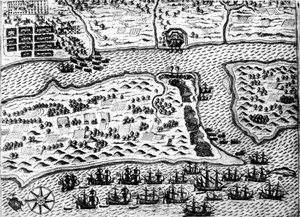 Drake captura el barco "Saint Augustin", en 1586, por De Bry de Theodore de Bry