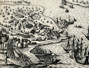 Expedición holandesa a lo largo de la costa de Mozambique, grabado de India orientalis por Theodor de Bry de Theodore de Bry