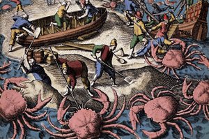 Navegantes europeos luchando contra un gran cangrejo. Grabado de "Petites voyages aux Indes Orientales" de Theodore de Bry de Theodore de Bry