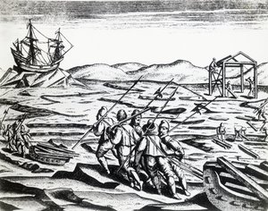 Expedición liderada por William Barents en busca del Paso del Noreste, de Peregrinationes, por Theodor de Bry, grabado