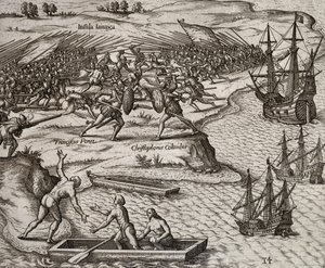 Lucha entre Cristóbal Colón y Francesco Poresio en Jamaica, grabado por Theodor de Bry (1528-1598) de Theodore de Bry