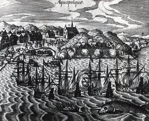 Flota de galeones en el puerto de Acapulco, por Theodor de Bry (1528-1598), grabado de Theodore de Bry