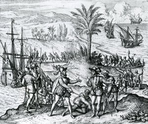 Francisco de Bobadilla llegando como gobernador y arrestando a Cristóbal Colón (1451-1506) en La Española, 1500, 1590