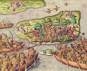 Hans Staden es capturado por nativos americanos en Brasil de Theodore de Bry
