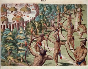 Historia de América: "Una tribu india ataca un pueblo en Florida por la noche" Grabado de "Admirante Narratio Americae" por Theodore de Bry (1528-1598) de Theodore de Bry