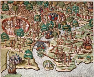 Descripción de métodos de asedio y ataque, indios luchando contra ejércitos españoles. Relato del cautiverio de Hans Staden, explorador alemán que partió con las flotas españolas a Brasil, capturado por los indios Tupinamba. Grabado de 