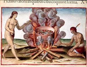 Indios cocinando pescado. Grabado de 