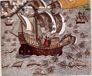 Historia de América: “Viaje de carabelas españolas rodeadas de peces voladores” Relato de los viajes de Hans Staden, explorador alemán que partió con las flotas españolas hacia Brasil, capturado por los indios Tupinamba. Grabado de “Americae tertia pars me
