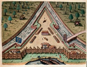 Historia de América: "Vida de Fort Carolina, Bastión de Carolina" "Grabado de "Admirante Narratio Americae"" por Theodore de Bry (1528-1598) después de un dibujo de Jacques le Moyne (de Morgues) (1533-1588) de Theodore de Bry