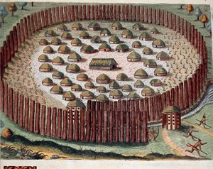 Historia de América: “Representación de un pueblo indio fortificado en Florida” Grabado de “Admirante Narratio Americae” por Theodore de Bry (1528-1598) de Theodore de Bry