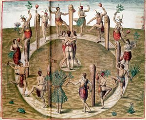Danza ritual para celebrar la amistad. Grabado por Theodore de Bry (1528-1598). Siglo XVI. Vincennes, Museo Histórico de la Marina