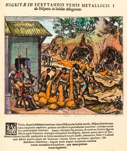 Historia de América: los españoles explotan minas de oro. Los indígenas trabajan ante los ojos de los colonos (Grabado de Theodore de Bry, siglo XVI, colección privada)