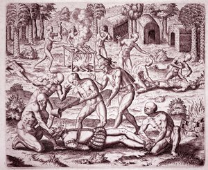 Historia de América: descripción de las torturas infligidas por los indios a los colonos españoles, vertiendo oro en sus bocas y cortando sus miembros para comérselos