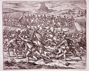 Historia de América: luchas entre los ejércitos de Vaca de Castro y Almagro el Joven tras la muerte de Francisco Pizarro y Diego de Almagro (Grabado)