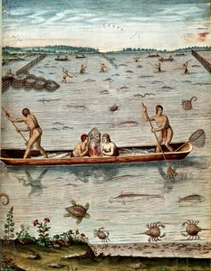 Pesca entre los habitantes de Virginia. En el agua de tortugas, cangrejos y varias variedades de peces. Grabado de 