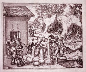 Historia de América: los españoles explotan las minas de oro (Grabado) de Theodore de Bry