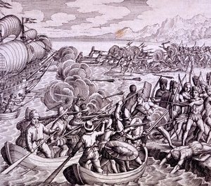 Cómo los españoles desembarcaron en la isla de Haití, con 400 hombres lo que llevó a una gran batalla con los nativos, ilustración de 
