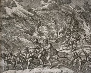 Huracán hundiendo la Santa María, carabela de Cristóbal Colón de Theodore de Bry