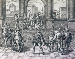 El emperador inca Atahualpa siendo capturado por los españoles en Cajamarca, Perú, grabado de la Historia Americana por Theodore de Bry (1528-1598), Frankfurt
