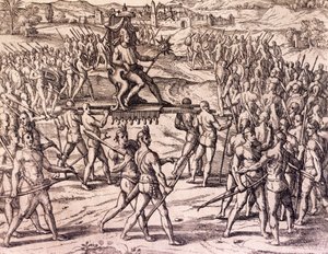 Emperador Inca Atahualpa derrotado por las tropas españolas de Francisco Pizarro, Perú, grabado de Historia Americana por Theodore de Bry, Frankfurt de Theodore de Bry