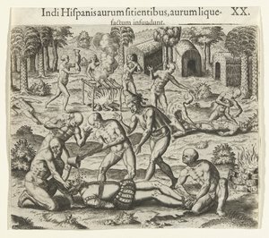 Indios vertiendo oro líquido en la boca de un español, 1594