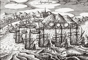 México, Vista de Acapulco - México (Aquapolque), Theodore de Bry, ca. 1630. Vista temprana del asentamiento colonial en Acapulco, que los españoles usaban como el principal puerto para su comercio del Pacífico con Filipinas. El puerto está lleno de galeon