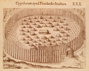 Aldea nativa en Florida, ilustración de El Discurso de Florida