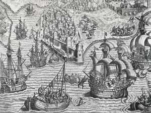 Batalla naval, grabado de Historia Americana por Theodore de Bry, Frankfurt de Theodore de Bry