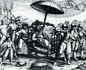 Portugueses en India, siendo transportados en litera, grabado de Peregrinationes, por Theodor de Bry (1528-1598), India de Theodore de Bry