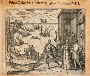 La reina Isabel y el rey Fernando saludando la partida de Cristóbal Colón en Palos, España de Theodore de Bry