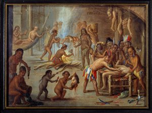Escena de canibalismo en Brasil en 1644. Los indios devoraban a sus enemigos y prisioneros. Pintura de Jan van Kessel el viejo, de una ilustración de los viajes de Theodore de Bry a Brasil de Theodore de Bry