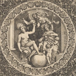 Escena con Misericordia y Veritas en un círculo en el centro, 1580-1600 de Theodore de Bry