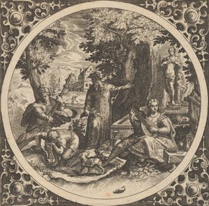 Escena con una Advertencia Contra las Enfermedades Venéreas en un Círculo en el Centro, 1580-1600 de Theodore de Bry