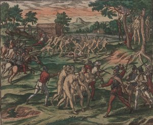 Los esclavos intentan superar a sus dueños españoles, pero son capturados y colgados de los árboles, 1595 de Theodore de Bry